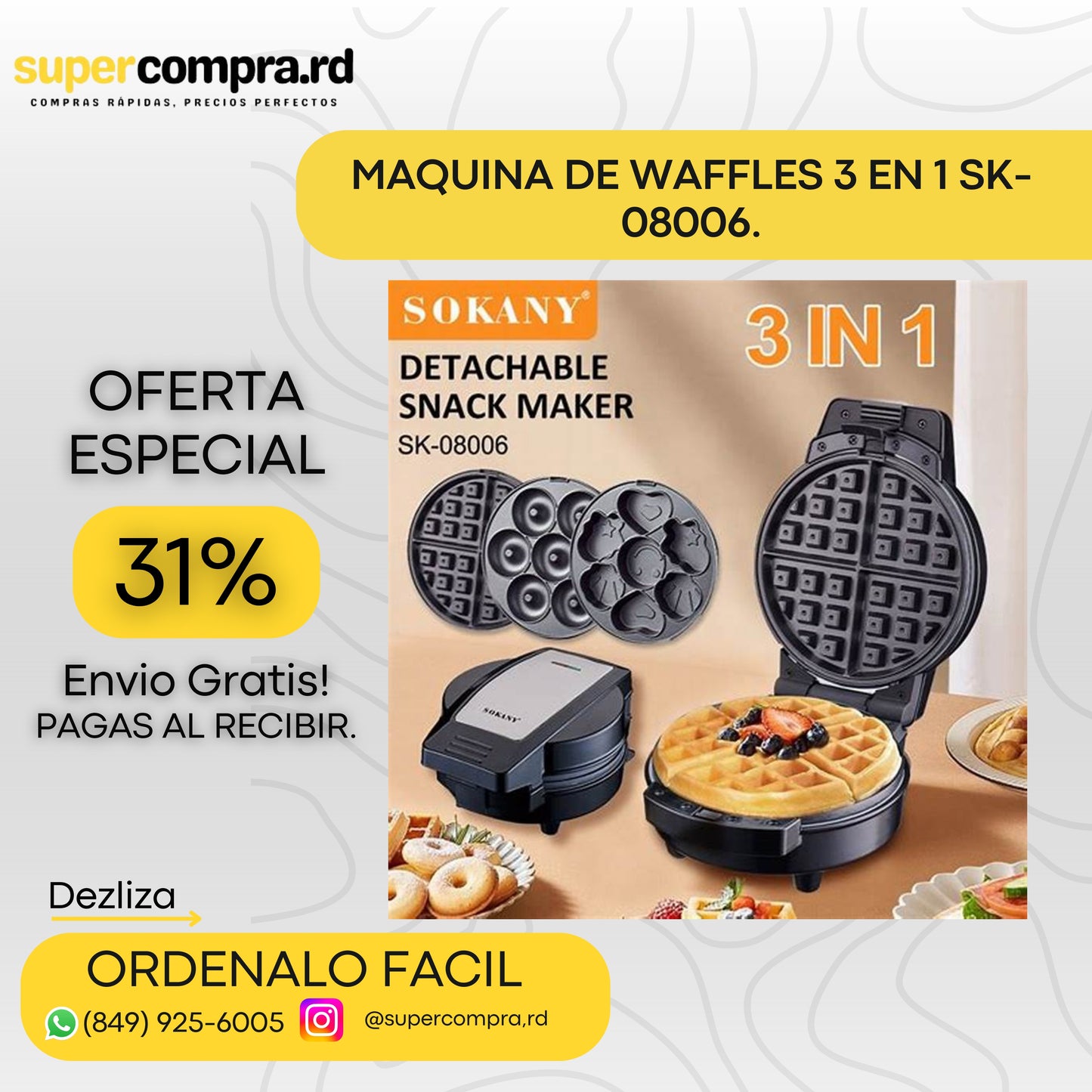 MAQUINA DE WAFFLES 3 EN 1 SK-08006