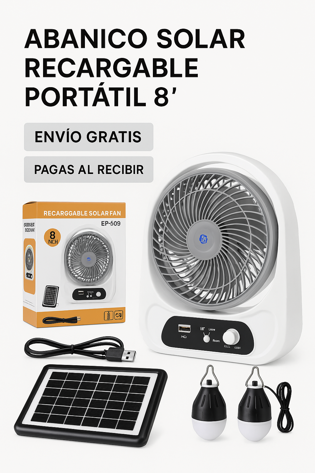ABANICO SOLAR RECARGABLE PORTATIL 8"